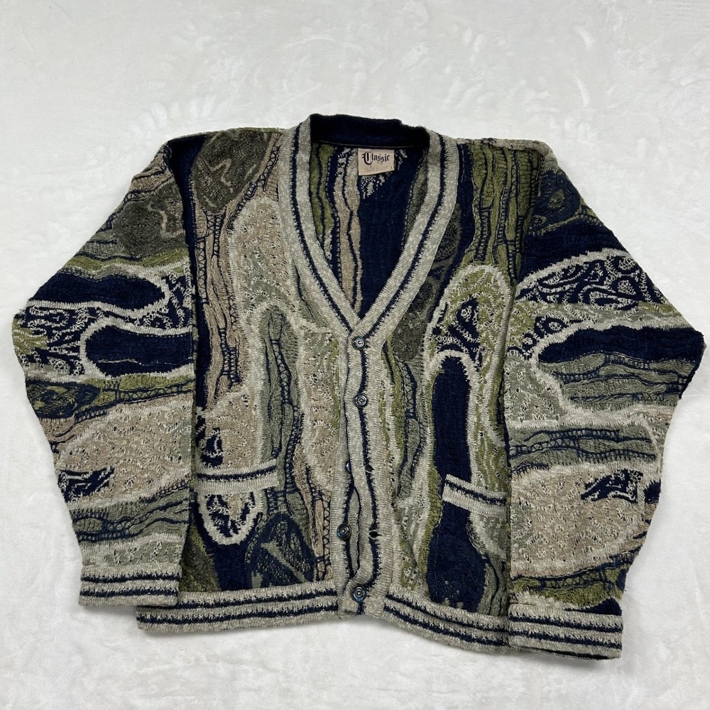 Coogi Australia Cardigan Sweater Mens Large Green Navy 3D Textured Knit Vintage